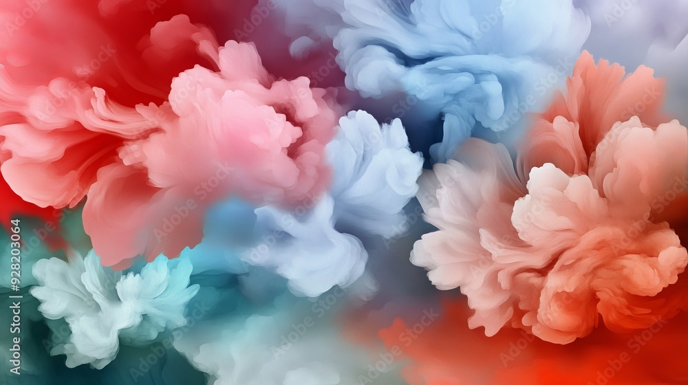 Fototapeta premium Garden With Unusual Light Clouds Floating Among Fantastical Plants And Flowers