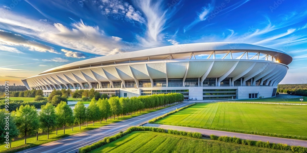 Fototapeta premium Large, iconic stadium with sleek, white exterior and sprawling grounds, featuring a prominent, curved roofline and lush green landscape under a bright blue sky.
