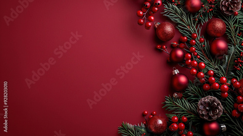 Christmas decoration ornament with a red background. Christmas wallpaper with copy space 