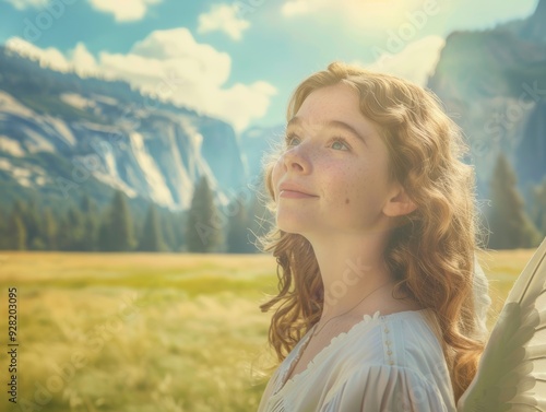 A teen girl with angel wings and a flower crown stands in a garden bathed in gentle sunlight, the green and gold tones enhancing the peaceful, innocent atmosphere.