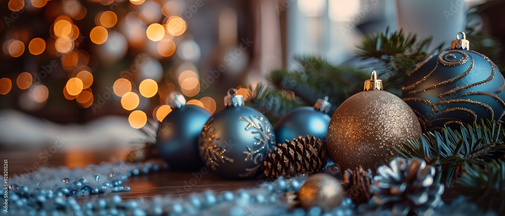 modern living room with a wooden table for product advertising in blue, gold and green tones with a Christmas tree, fir branches and Christmas decorations modern living room with a wooden table for product advertising in blue, gold and green tones with a Christmas tree, fir branches and Christmas decorations