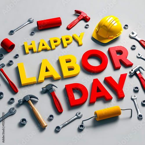 Happy Labor Day  Background Poster Banner, Bold 3D Text  Effect,  American Flag Timecard and Work Tools. photo