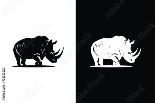 Vector silhouette icon of a rhino isolated on white black background. Rhino icon vector illustration.