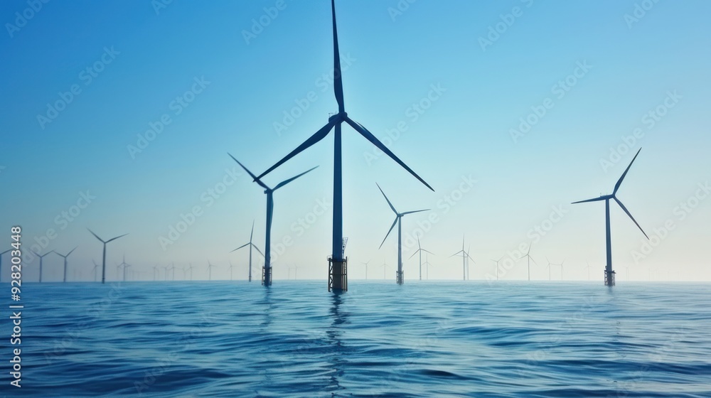Offshore Wind Turbines in Calm Waters - A serene view of multiple offshore wind turbines standing tall in calm waters under a clear blue sky, representing clean energy. Offshore Wind Turbines in Calm Waters - A serene view of multiple offshore wind turbines standing tall in calm waters under a clear blue sky, representing clean energy.