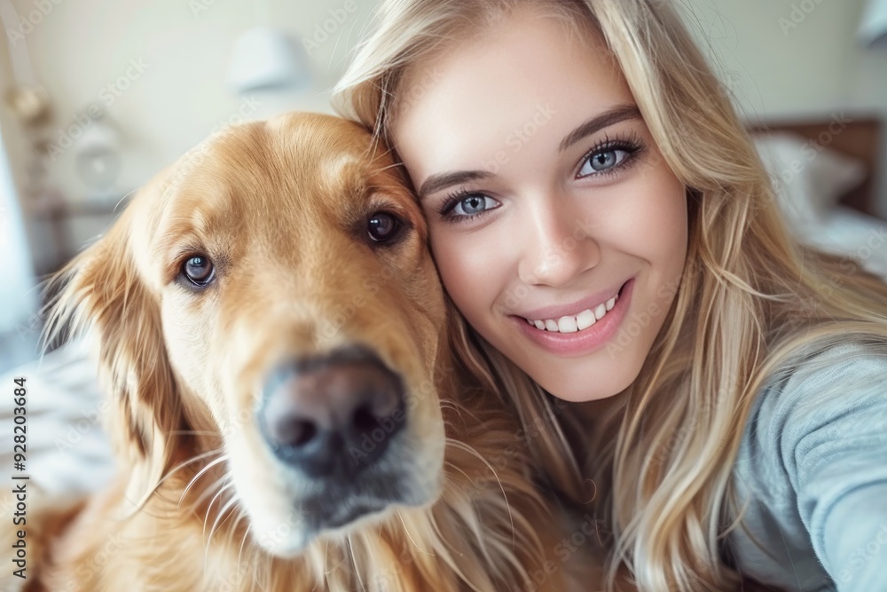 Smiling young woman cuddles up to fluffy golden retriever dog and takes selfie on modern smartphone. Smiling young woman cuddles up to fluffy golden retriever dog and takes selfie on modern smartphone.