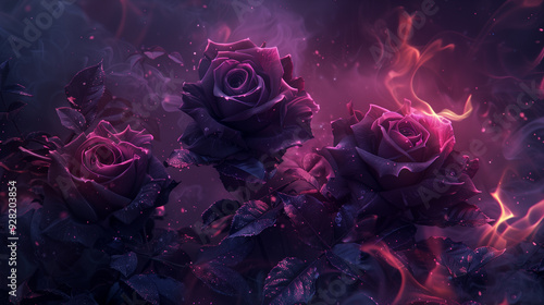 Black and purple roses with purple fire in the background