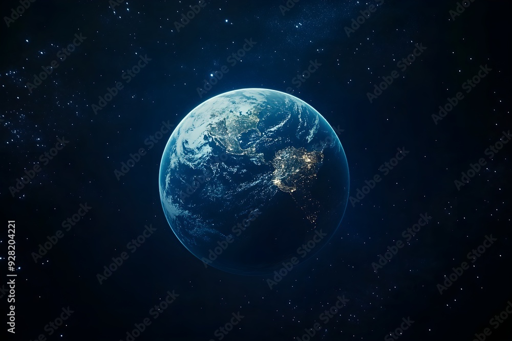 Obraz premium A beautiful blue star, Earth, with clouds, oceans, and continents visible in the dark and vast universe seen from space.