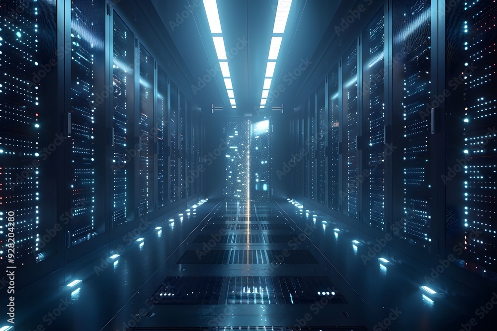 A mechanical, sci-fi scene with a long row of dark servers equipped with LED lights. A mechanical, sci-fi scene with a long row of dark servers equipped with LED lights.