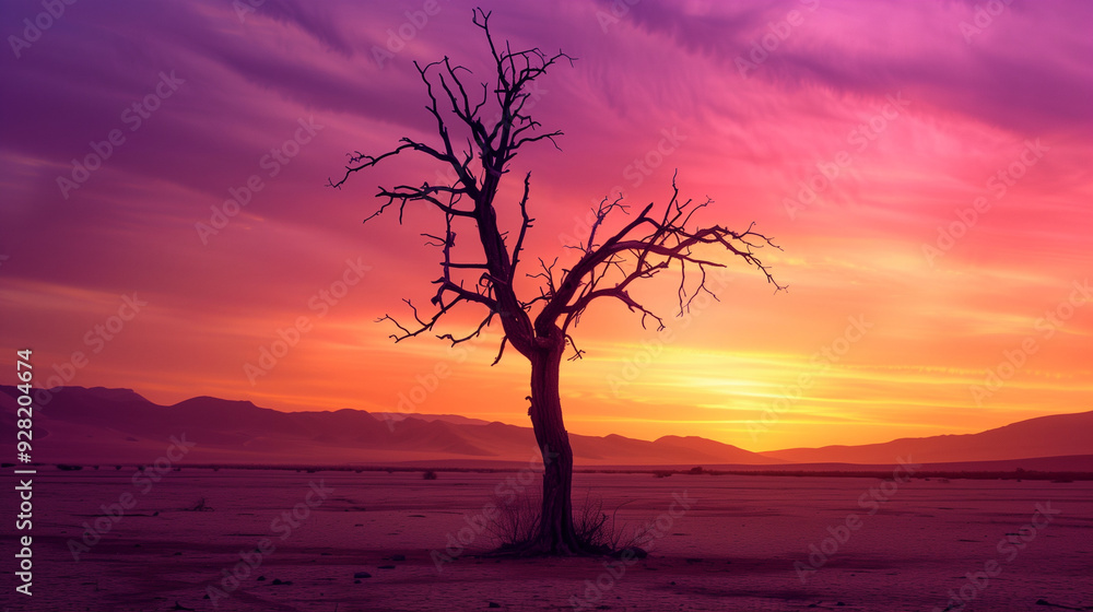 Dramatic Landscape: A Solitary Dried Tree in a Desert at Dusk with a Vibrant Sky Dramatic Landscape: A Solitary Dried Tree in a Desert at Dusk with a Vibrant Sky