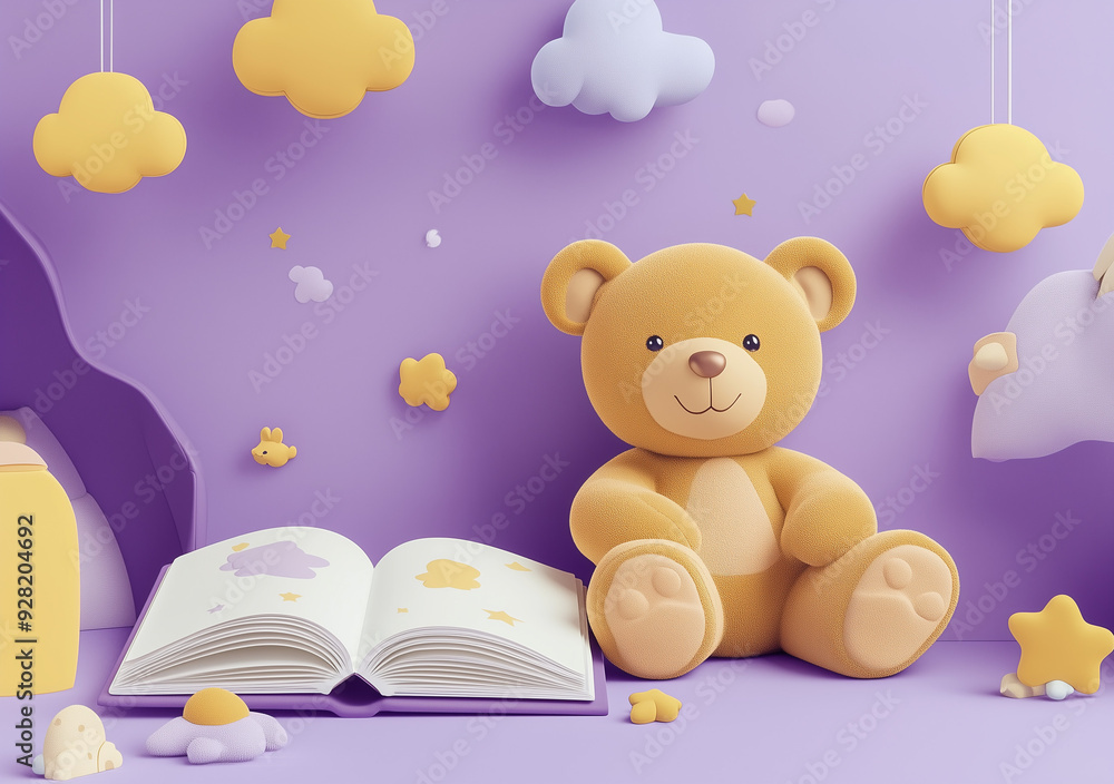Heartwarming Scene of a Teddy Bear and Storybook: A Charming Child's Bedroom Decor Heartwarming Scene of a Teddy Bear and Storybook: A Charming Child's Bedroom Decor