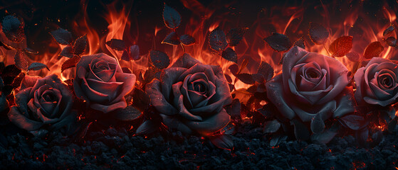 Black roses with fire and flames in the background