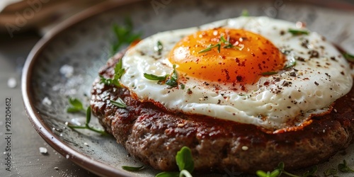 Fried Egg on Hamburger Patty photo