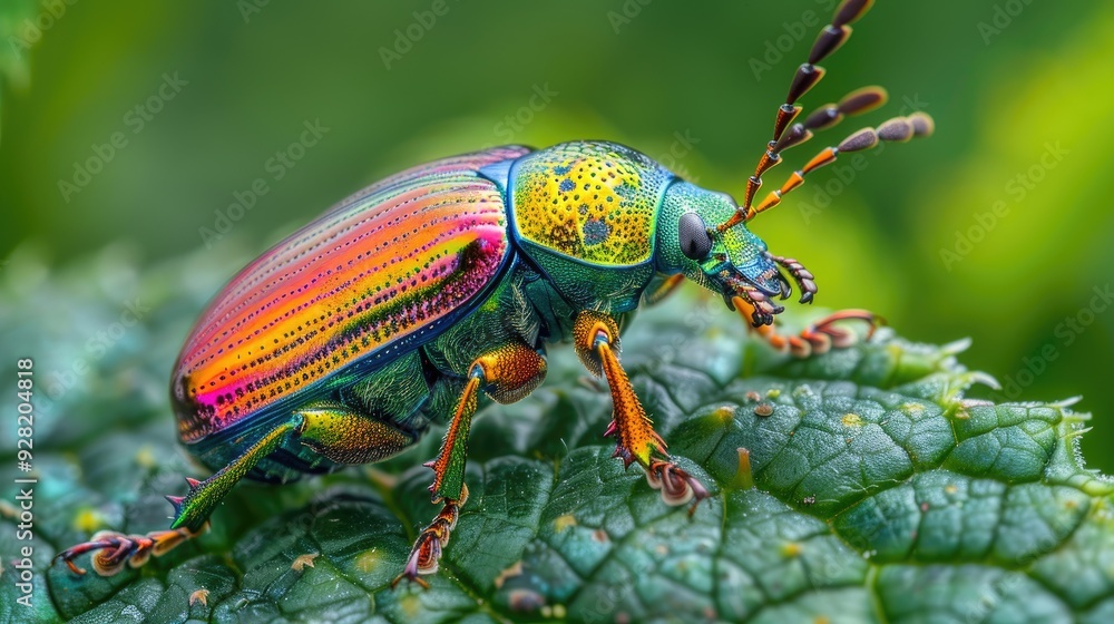 Fototapeta premium iridescent beetle, Rainbow stood on the leaf