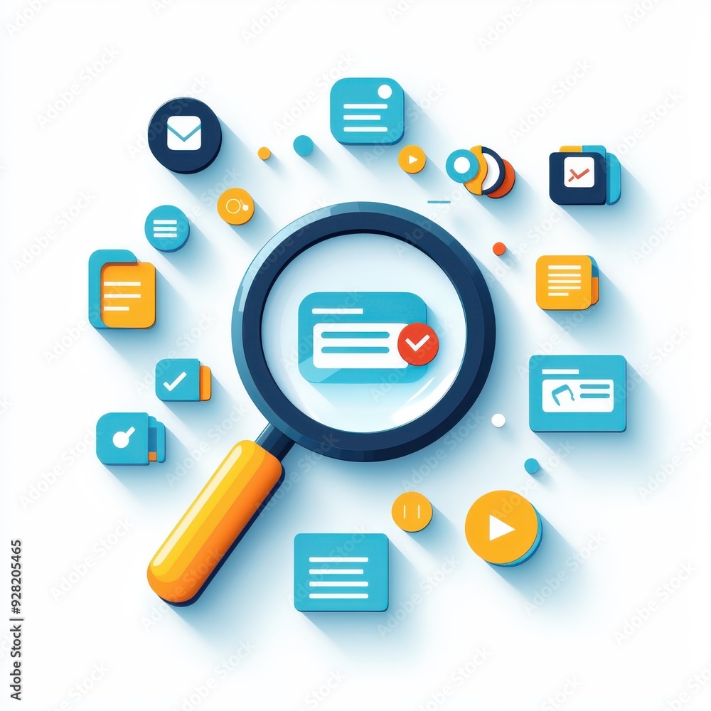 A colorful illustration of a magnifying glass surrounded by various digital icons, symbolizing search and data analysis. A colorful illustration of a magnifying glass surrounded by various digital icons, symbolizing search and data analysis.