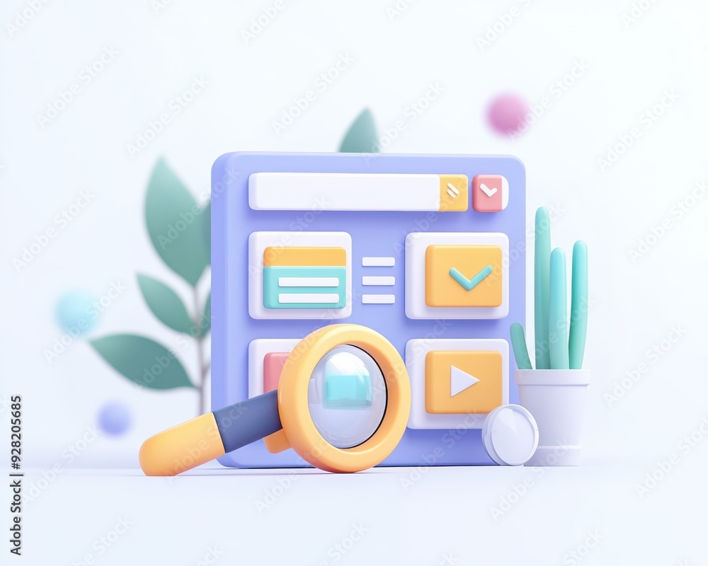 Colorful illustration of a digital interface with buttons and a magnifying glass, representing user interaction and exploration. Colorful illustration of a digital interface with buttons and a magnifying glass, representing user interaction and exploration.