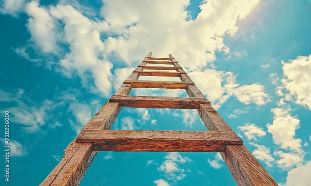 Wooden ladder reaching up towards a bright blue sky with white clouds. Wooden ladder reaching up towards a bright blue sky with white clouds.