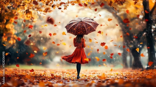 girl with umbrella in autumn park with falling colorful leaves beautiful illustration