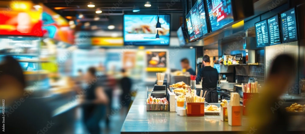 Blurred interior of a fast food restaurant with people, colorful signs and LED screens on the wall. Blurred background Blurred interior of a fast food restaurant with people, colorful signs and LED screens on the wall. Blurred background
