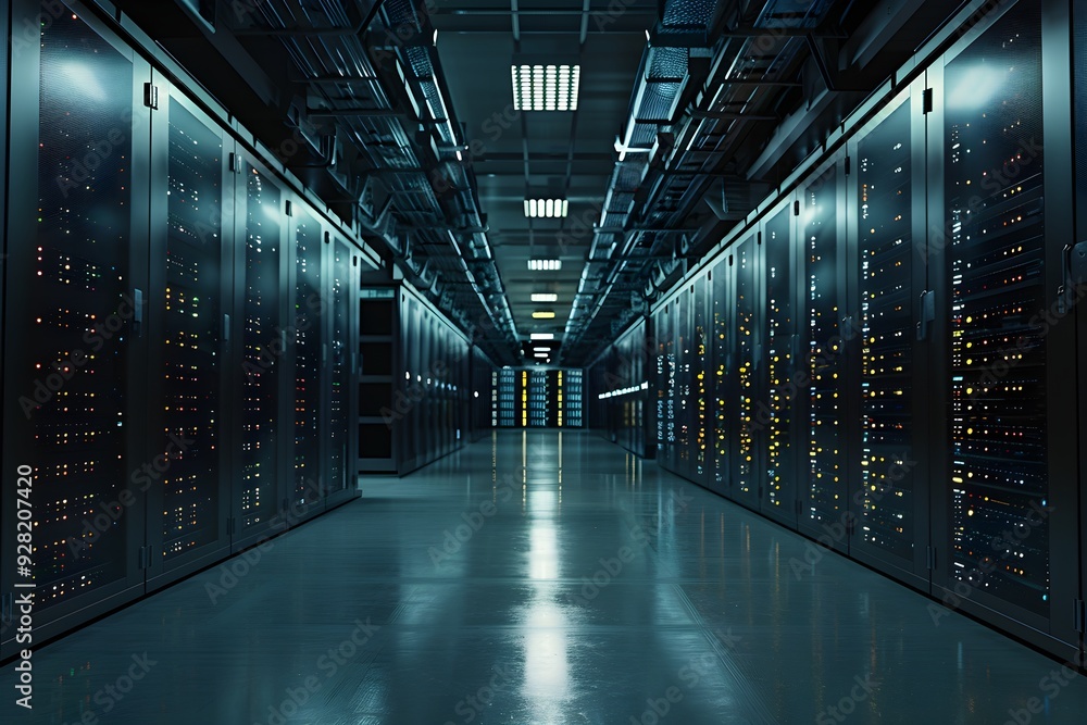 A mechanical, sci-fi scene with a long row of dark servers equipped with LED lights.