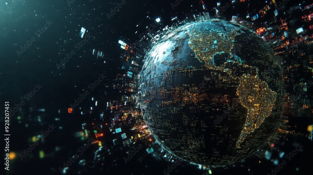 Futuristic city lights on a 3D globe with digital glitches. Futuristic city lights on a 3D globe with digital glitches.