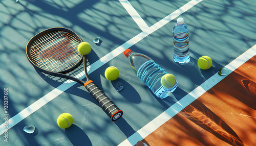 Tennis racket, balls and water bottles on a blue tennis court.