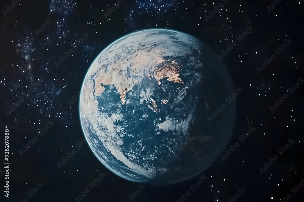 Fototapeta premium A beautiful blue star, Earth, with clouds, oceans, and continents visible in the dark and vast universe seen from space.