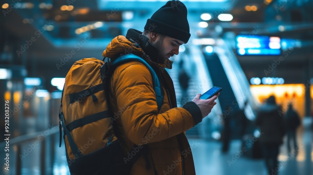 man at the airport looking at his phone man at the airport looking at his phone
