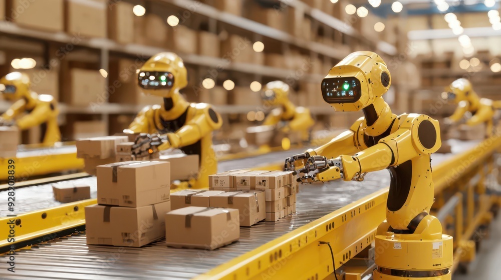 Fototapeta premium Warehouse interior filled with robotic arms sorting and packing items on conveyor belts in motion