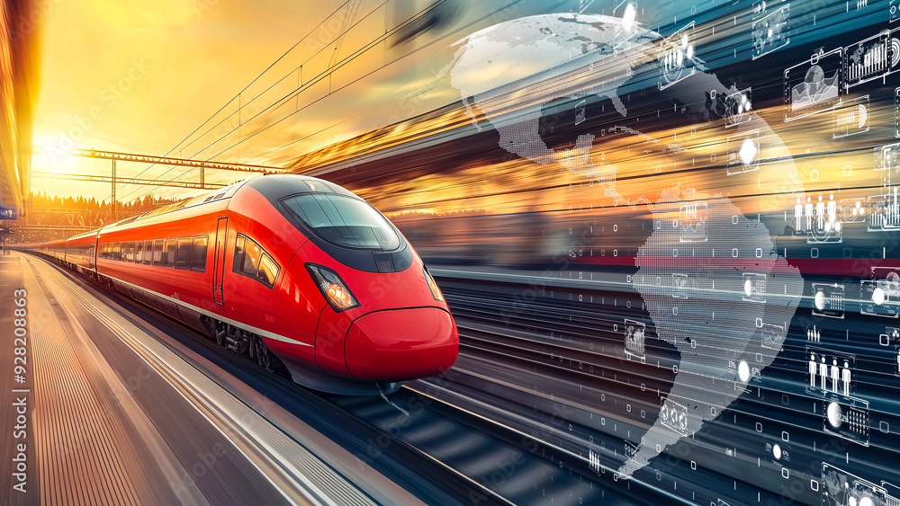 A high-speed train zooming past in a futuristic world, integrated with a global communication network and digital systems A high-speed train zooming past in a futuristic world, integrated with a global communication network and digital systems
