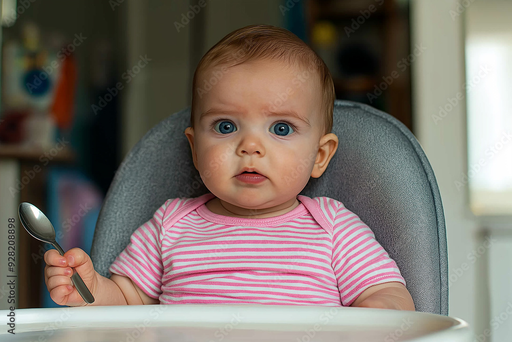 Baby sitting in a high chair holding a spoon, wearing a pink striped shirt, with a surprised expression. Great for themes of parenting, feeding, or childhood moments with a hint of humor. Baby sitting in a high chair holding a spoon, wearing a pink striped shirt, with a surprised expression. Great for themes of parenting, feeding, or childhood moments with a hint of humor.