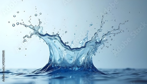 Water splash with droplets and ripples on a reflective surface background