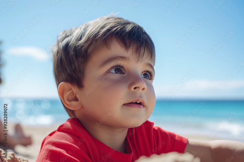 A toddler with brown hair gazes into the distance while lying on a sandy beach, dressed in a red shirt. The serene blue sea and sky create a tranquil background. A toddler with brown hair gazes into the distance while lying on a sandy beach, dressed in a red shirt. The serene blue sea and sky create a tranquil background.