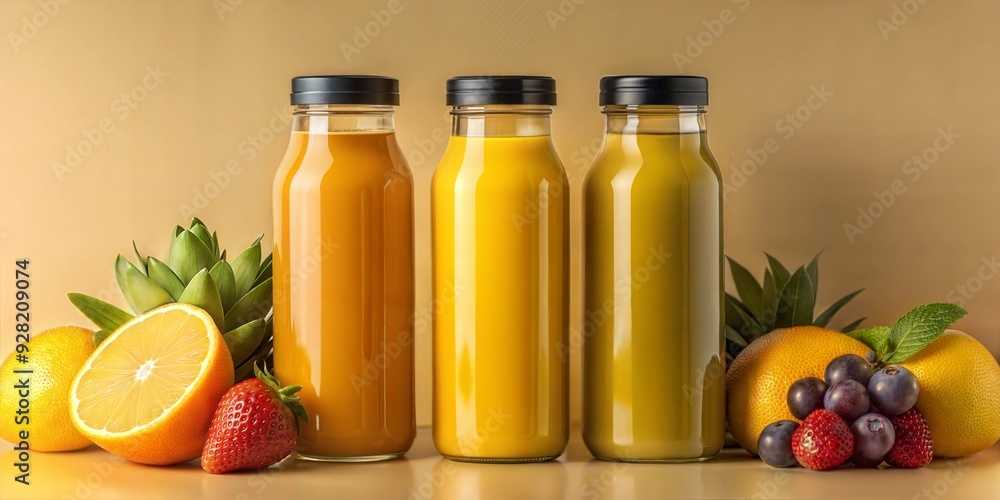 Organic juice bottles, made from fresh fruits, 3D illustration. copy space for text, no text, no logo Organic juice bottles, made from fresh fruits, 3D illustration. copy space for text, no text, no logo