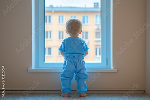 Free Download A young child with blonde hair stands by a window, facing outside, dressed in blue. The window offers a view of apartment buildings, creating a moment of contemplation. - GFXLoad