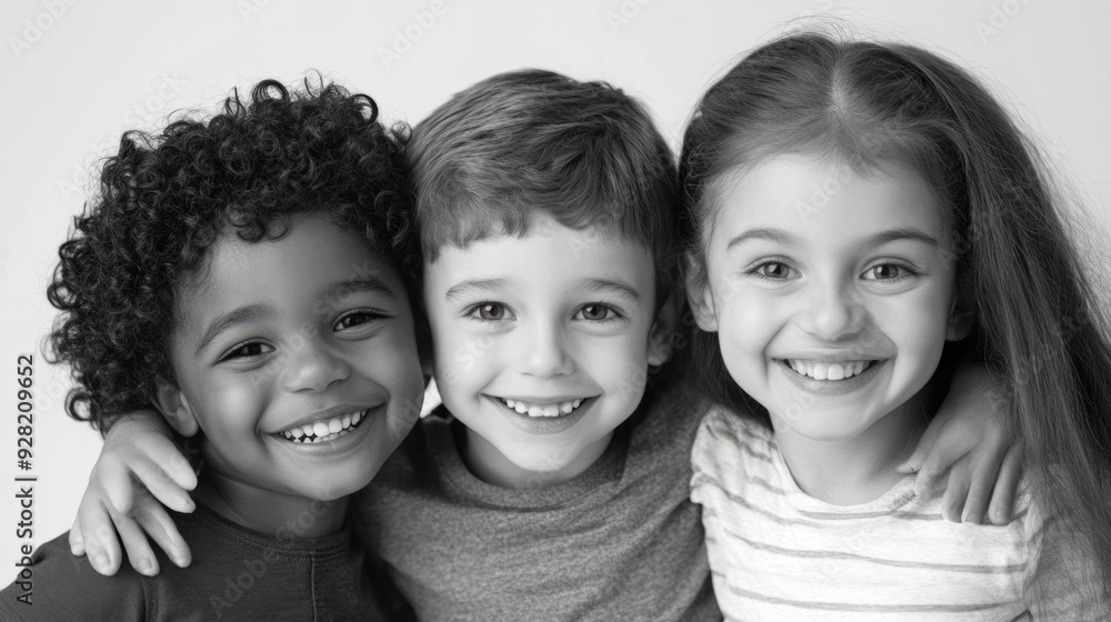 black and white photo of children smiling and hugging on white background black and white photo of children smiling and hugging on white background