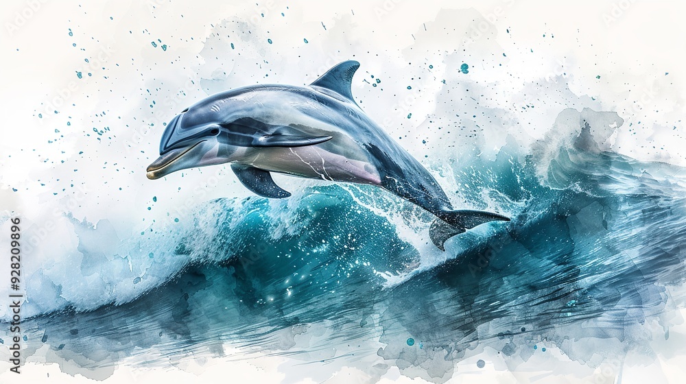 Fototapeta premium Playful Dolphin Leaping Out of Water with Joyful Splashes on White Background