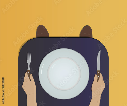 A man, a table, an empty plate, a fork and a knife. Breakfast, lunch, dinner.