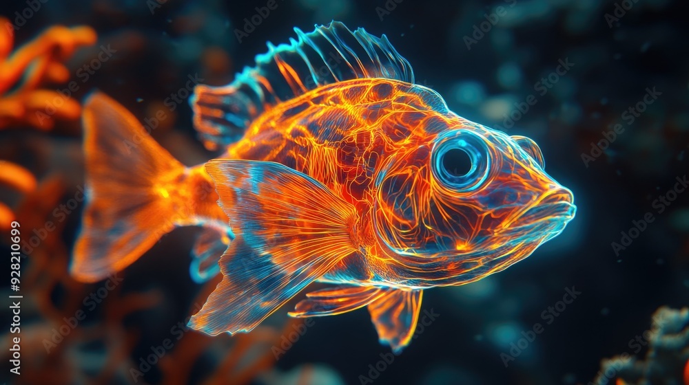 Fototapeta premium 3D photo of a radiant fish with glowing features, enhancing the beauty of the underwater world.