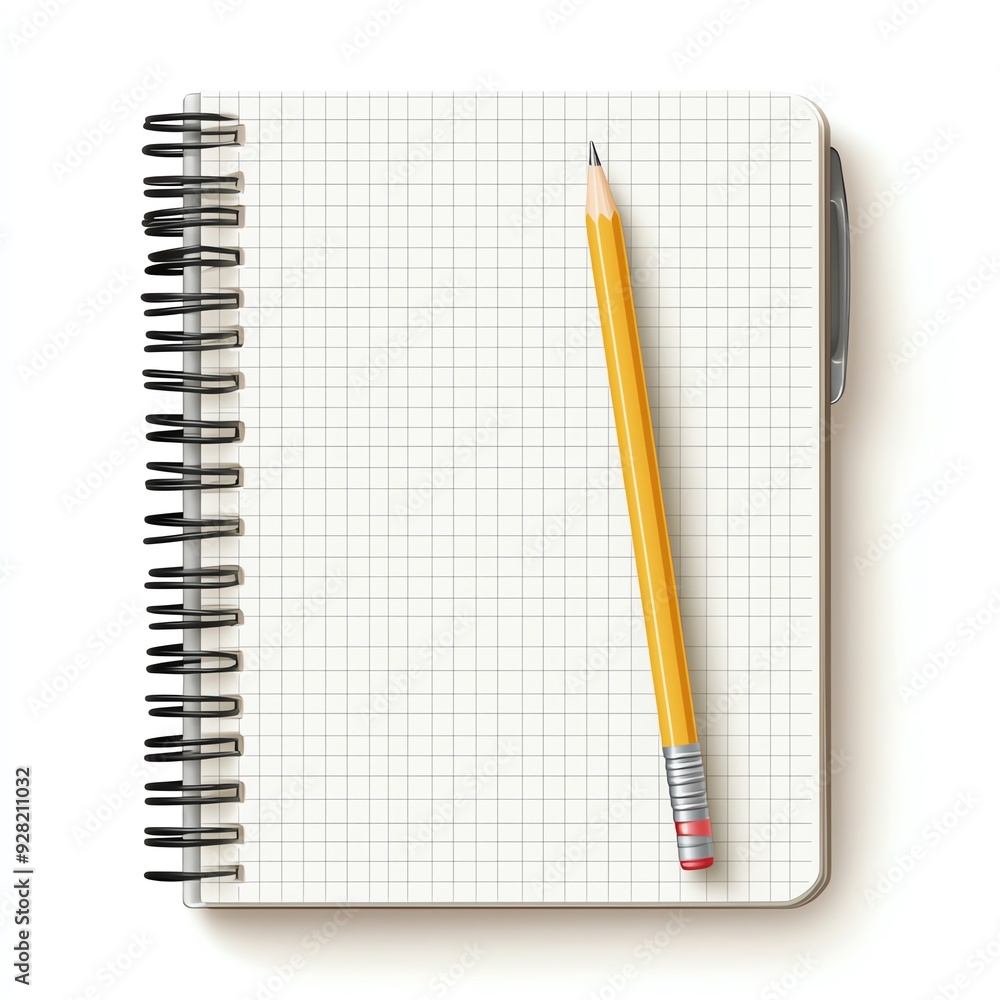 Blank grid notebook with yellow pencil and pen Blank grid notebook with yellow pencil and pen