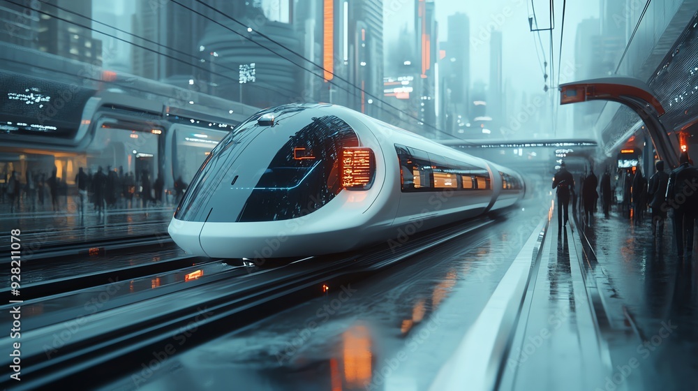 Futuristic Train Arriving at Station.