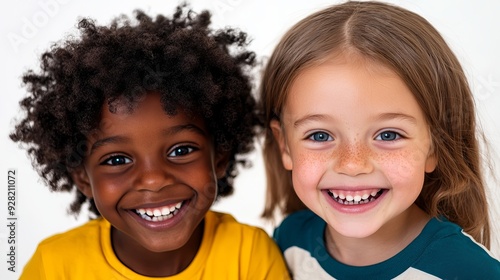 black child and white child smiling and hugging on white background