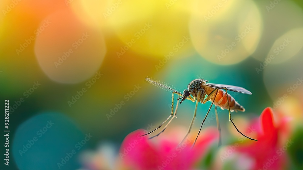 Close-up macro photo of a mosquito with vibrant, blurred nature in the background, ideal for desktop wallpapers Close-up macro photo of a mosquito with vibrant, blurred nature in the background, ideal for desktop wallpapers
