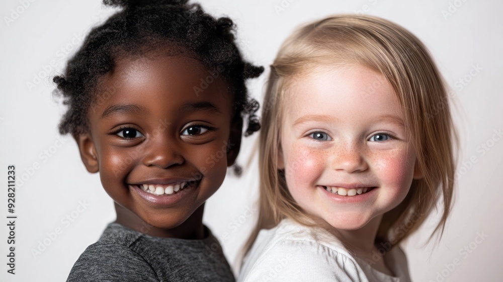 black child and white child smiling and hugging on white background black child and white child smiling and hugging on white background