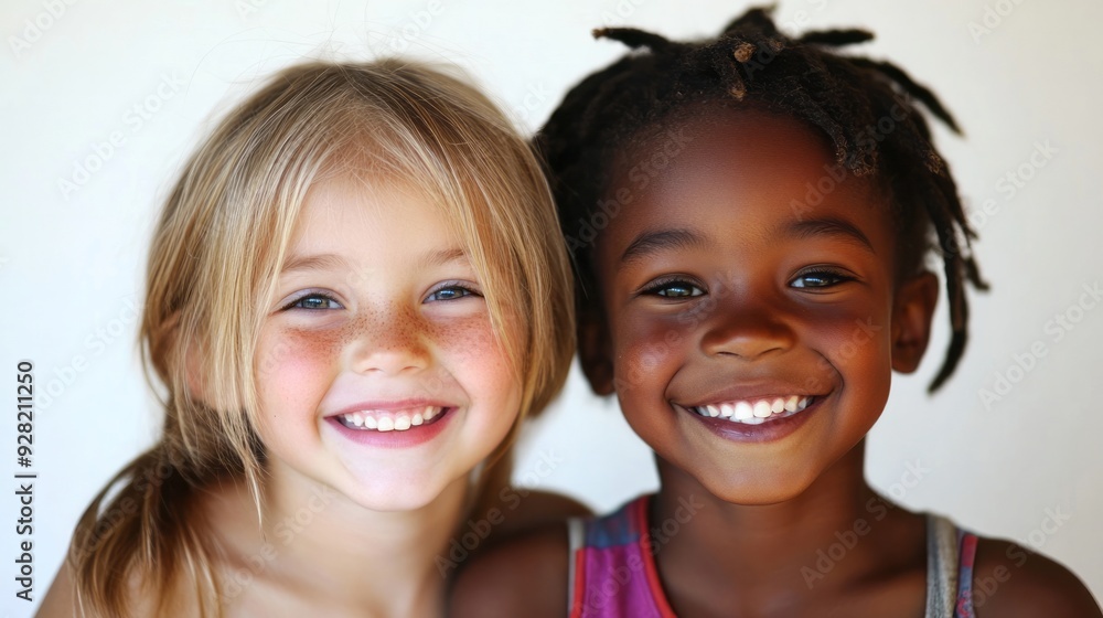 black child and white child smiling and hugging on white background black child and white child smiling and hugging on white background