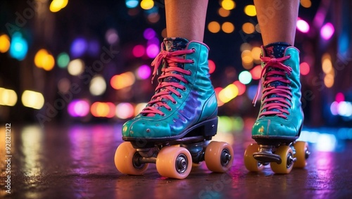 Vivid Close-Up of 80's Roller Skates Glowing on Night Feet photo