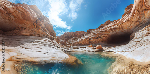  Sandy rock mountains with a turquoise river under a bright blue sky photo