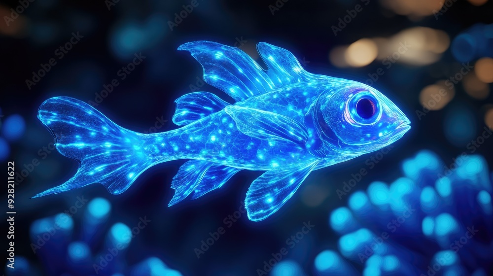 Detailed 3D shot of a bioluminescent fish swimming gracefully with its vibrant glow in the deep sea Detailed 3D shot of a bioluminescent fish swimming gracefully with its vibrant glow in the deep sea
