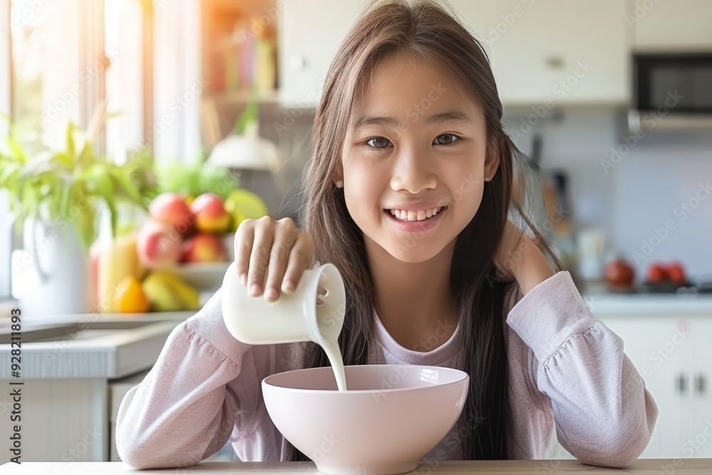 Asian woman smiling, pouring milk into cereal for healthy child s breakfast at kitchen table Asian woman smiling, pouring milk into cereal for healthy child s breakfast at kitchen table