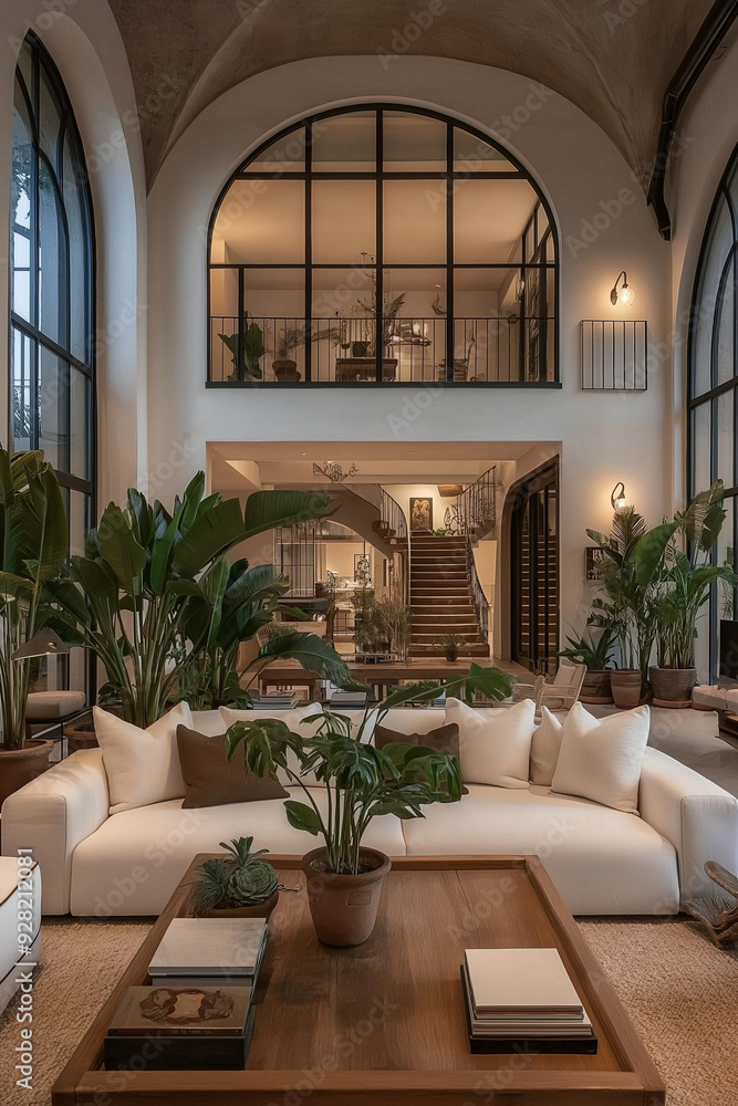 Fototapeta premium Modern industrial designed living room with high ceilings and arched windows