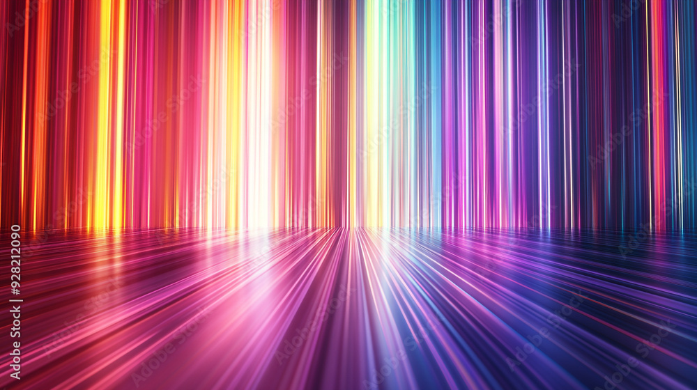 Abstract background with colorful vertical light streaks and stripes, shiny floor with long rays of multicolored lights Abstract background with colorful vertical light streaks and stripes, shiny floor with long rays of multicolored lights